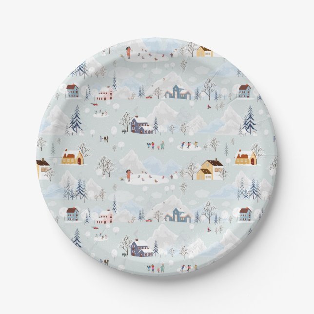 Cosy Winter Wonderland Ice Skating Village Pattern Paper Plate (Front)
