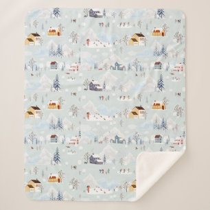 Cosy Winter Wonderland Ice Skating Village Pattern Sherpa Blanket