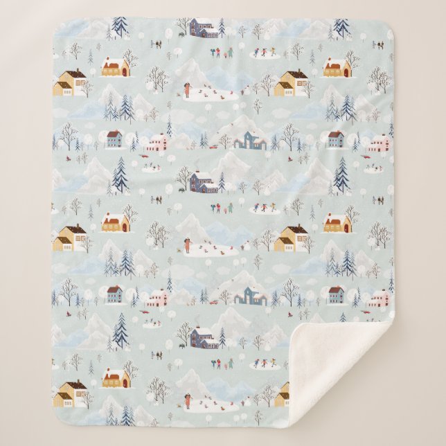 Cosy Winter Wonderland Ice Skating Village Pattern Sherpa Blanket (Front)