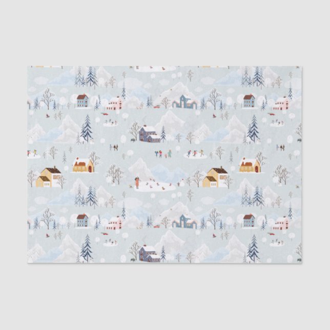 Cosy Winter Wonderland Ice Skating Village Pattern Tissue Paper (Front)