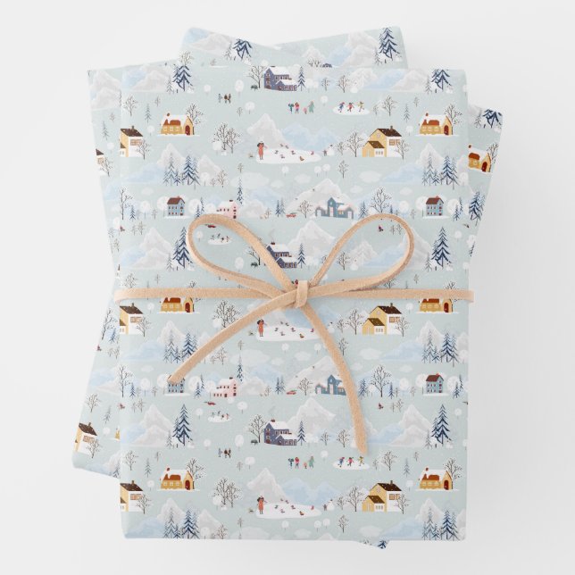 Cosy Winter Wonderland Ice Skating Village Pattern Wrapping Paper Sheet (In situ)