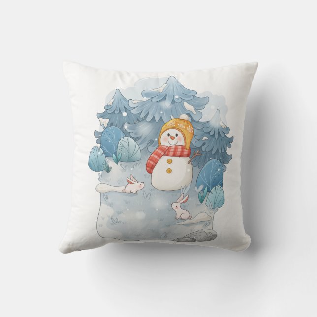 Cosy Winter Wonderland Snowman Throw Pillow (Back)