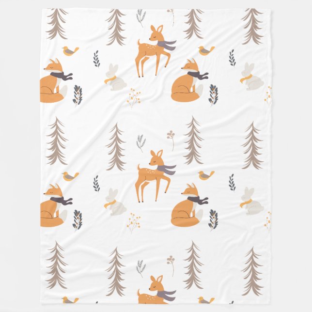 Cosy Winter Woodland Animals Folk Art Christmas Fleece Blanket (Front)