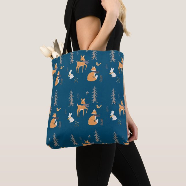 Cosy Winter Woodland Animals Folk Art on Blue Tote Bag (Close Up)