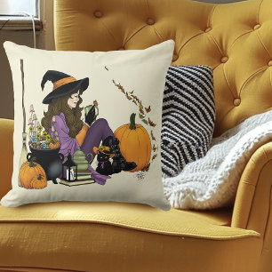 Cosy Witch Vibes Halloween Pumpkins Purple Cushion