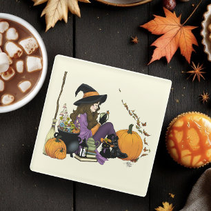 Cosy Witch Vibes Halloween Pumpkins Purple Glass Coaster