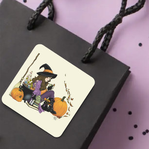 Cosy Witch Vibes Halloween Pumpkins Purple Square Sticker
