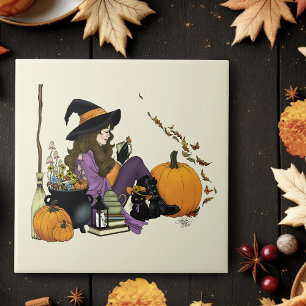 Cosy Witch Vibes Halloween Pumpkins Purple Tile
