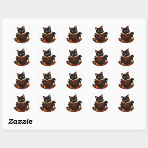 Cosy Witchy Black Cat Reading Spell Book Halloween Classic Round Sticker