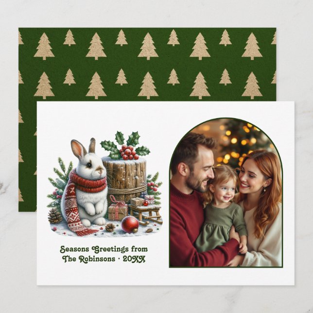 Cosy Woodland Bunny Family Christmas Photo Holiday Card (Front/Back)