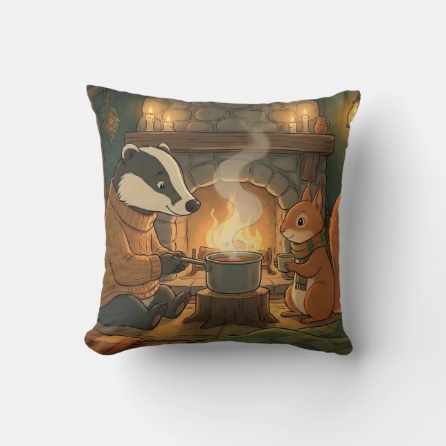 Cosy Woodland Campfire Animals Throw Pillow (Front)
