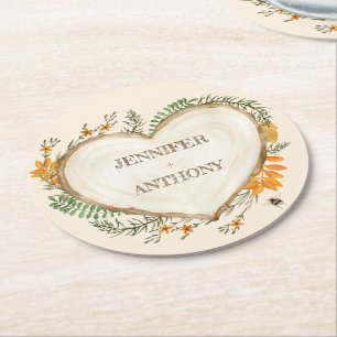 Cosy Woodland Cottagecore Wooden Heart Wedding Round Paper Coaster