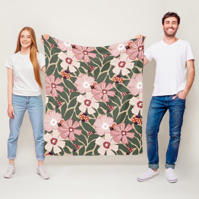 Cosy Woodland Ladybugs & Wildflower Earthy Colours Fleece Blanket (In Situ)