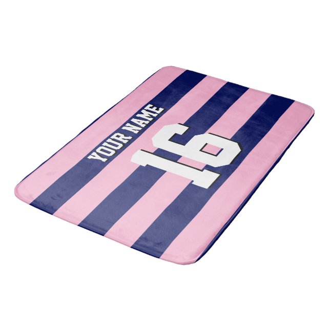 Cot Candy Pink Navy Blue Team Jersey Preppy Stripe Bath Mat (Angled)
