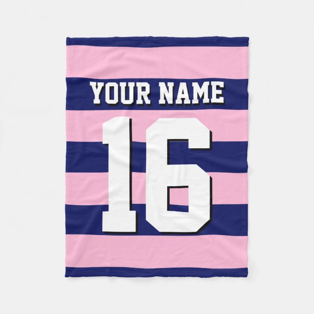 Cot Candy Pink Navy Blue Team Jersey Preppy Stripe Fleece Blanket (Front)