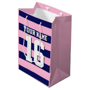 Cot Candy Pink Navy Blue Team Jersey Preppy Stripe Medium Gift Bag