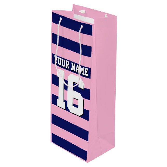Cot Candy Pink Navy Blue Team Jersey Preppy Stripe Wine Gift Bag (Front Angled)