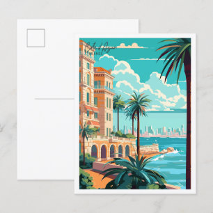 Cote d Azur France vintage travel illustration Postcard