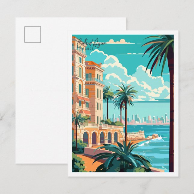 Cote d Azur France vintage travel illustration Postcard (Front/Back)
