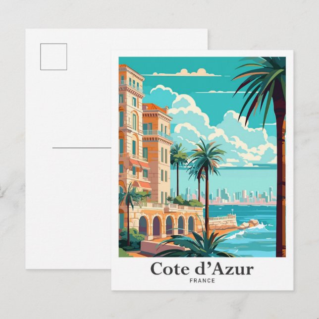 Cote d'Azur France Vintage Travel Illustration Postcard (Front/Back)