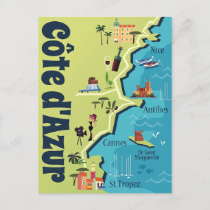 Cote d'Azur illustrated map  Postcard