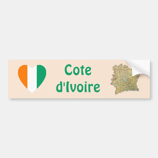 Cote d'Ivoire Flag Heart + Map Bumper Sticker (Front)
