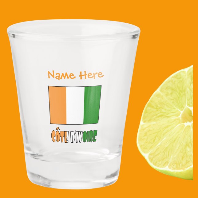 Côte d'Ivoire Ivory Coast Flag Orange Personalise Shot Glass (Shot glass with Ivory Coast flag and the words CÔTE D'IVOIRE below in flag colors. Add name above.)