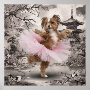 Coton de Tuléar Ballerina in Chinese Temple Ink Poster