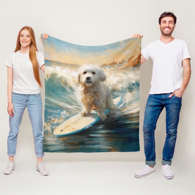 Coton De Tulear Beach Surfing Painting Fleece Blanket (In Situ)