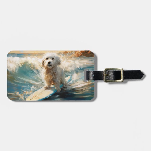 Coton De Tulear Beach Surfing Painting Luggage Tag (Front Horizontal)