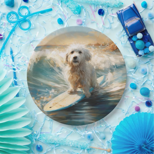 Coton De Tulear Beach Surfing Painting Paper Plate (Party)
