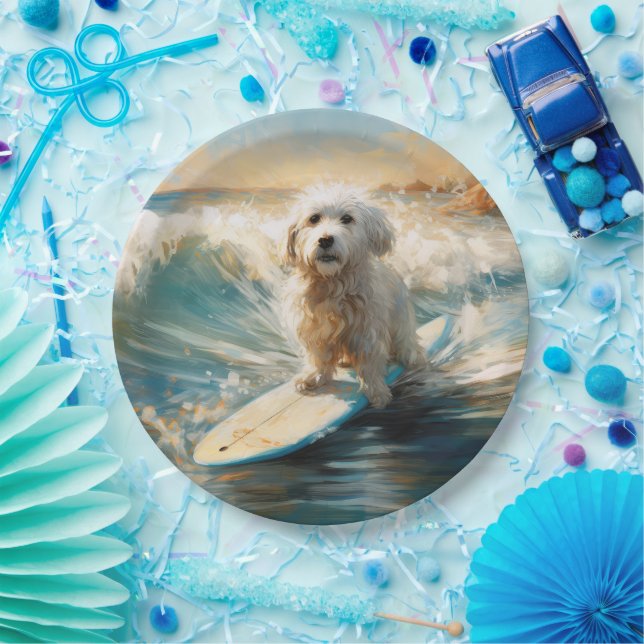 Coton De Tulear Beach Surfing Painting Paper Plate (Party)