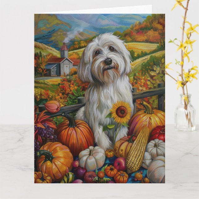 Coton De Tulear Dog Autumn Harvest Thanksgiving Card (Yellow Flower)