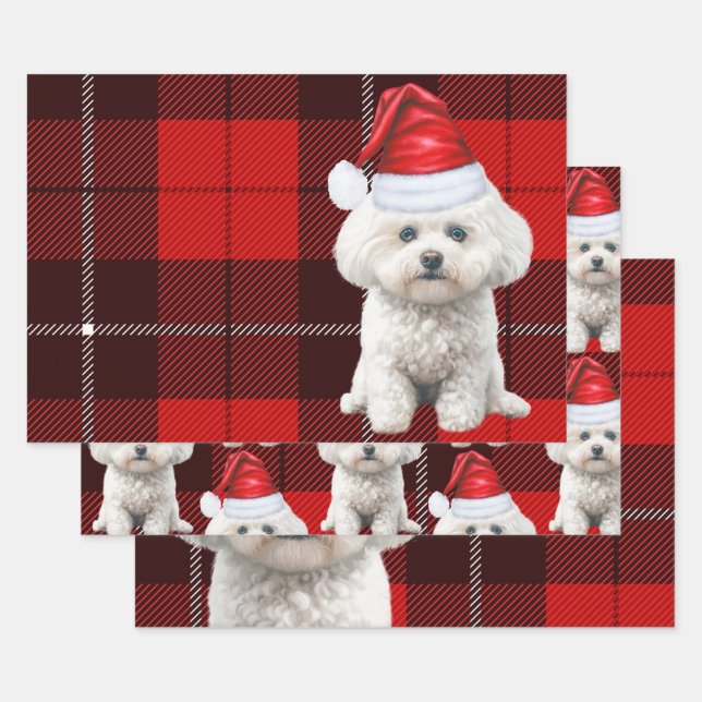 Coton de Tulear Dog Holiday Red Plaid Christmas Wrapping Paper Sheet (Set)