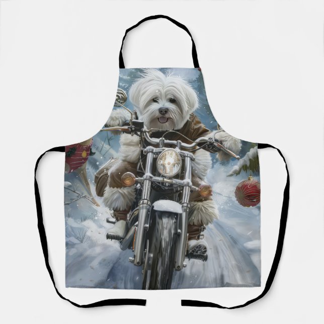 Coton De Tulear Dog Riding Motorcycle Christmas  Apron (Front)