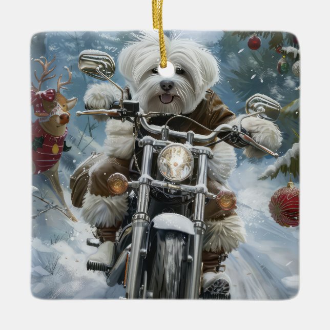 Coton De Tulear Dog Riding Motorcycle Christmas  Ceramic Ornament (Front)