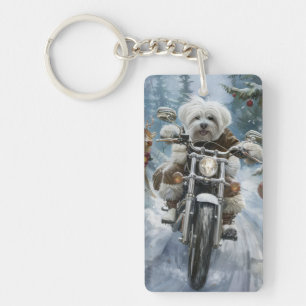 Coton De Tulear Dog Riding Motorcycle Christmas  Key Ring