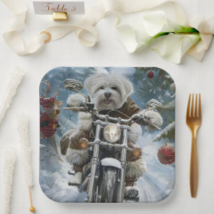 Coton De Tulear Dog Riding Motorcycle Christmas  Paper Plate