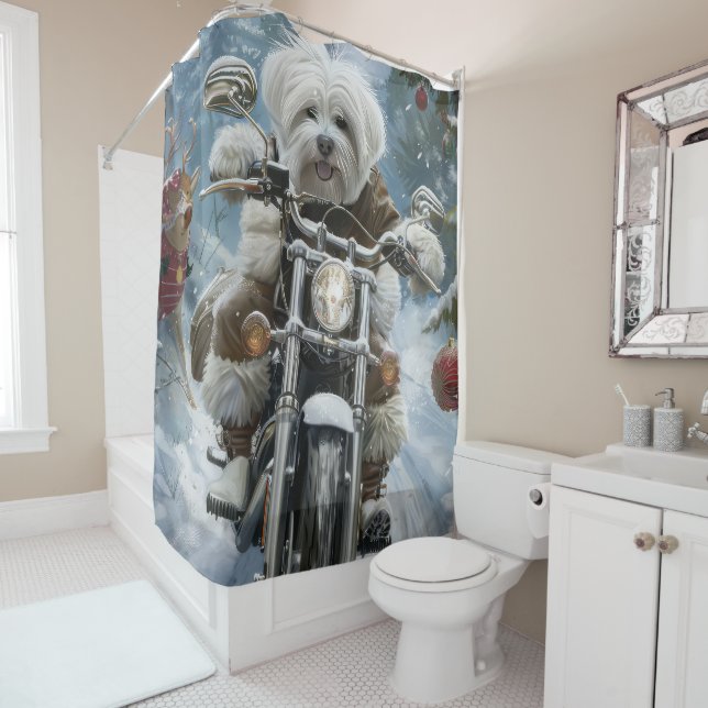Coton De Tulear Dog Riding Motorcycle Christmas  Shower Curtain (In Situ)