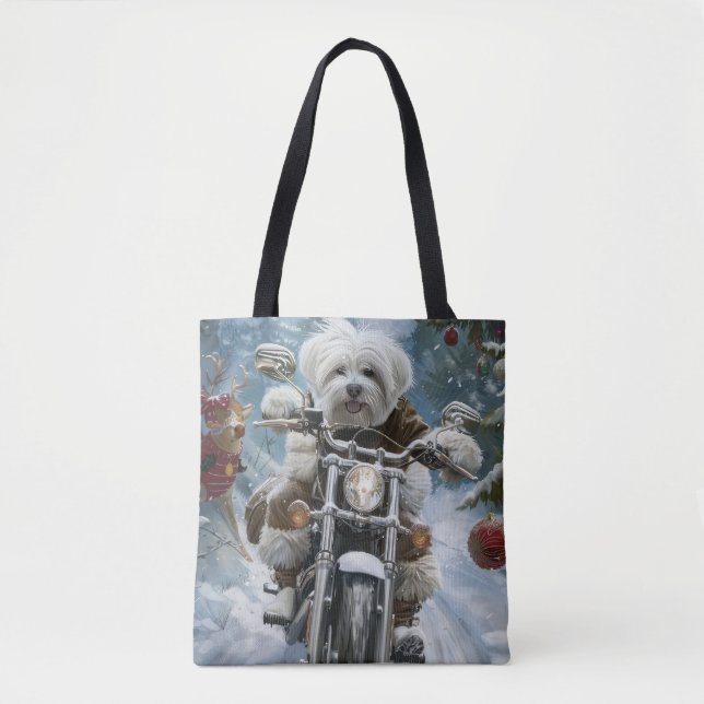 Coton De Tulear Dog Riding Motorcycle Christmas  Tote Bag (Front)