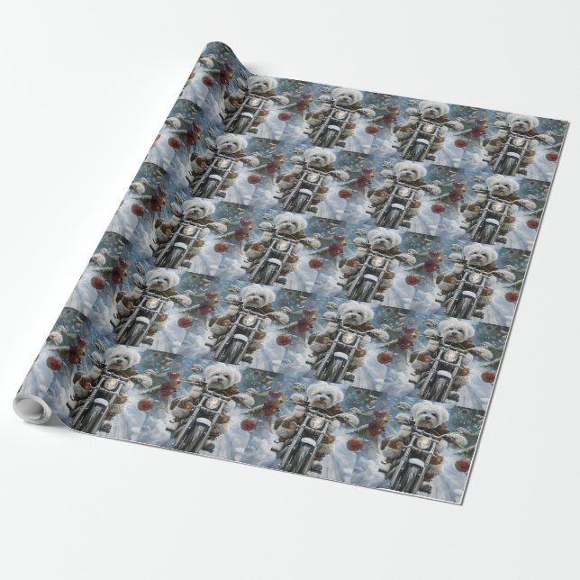 Coton De Tulear Dog Riding Motorcycle Christmas  Wrapping Paper (Unrolled)