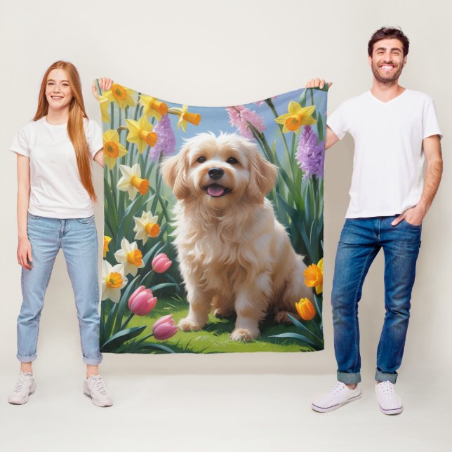 Coton De Tulear Dog Spring Flowers Painting Fleece Blanket (In Situ)