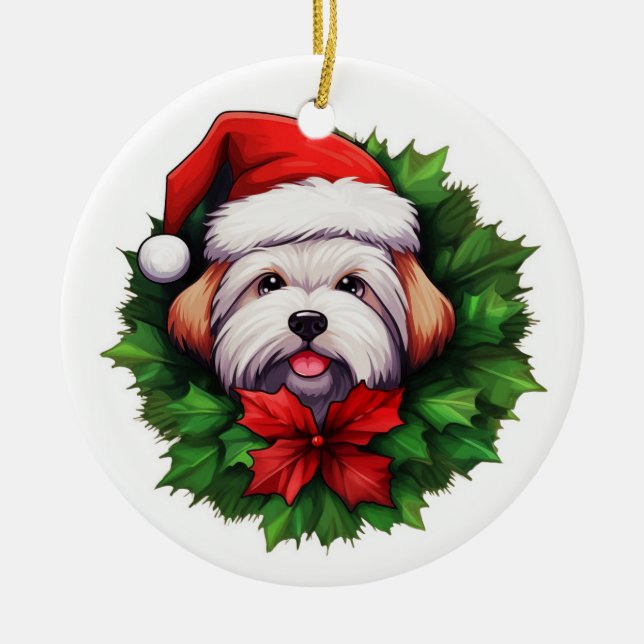 Coton-de-tulear Holiday Wreath Ceramic Tree Decoration (Front)
