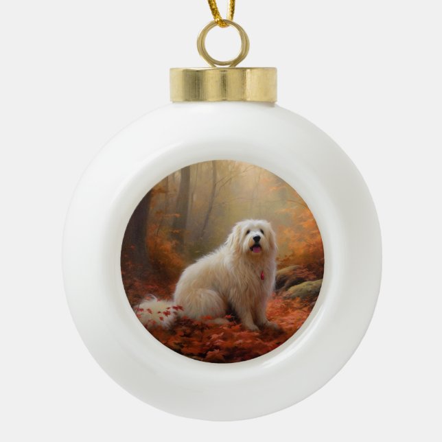 Coton De Tulear in Autumn Leaves Fall Inspire  Ceramic Ball Christmas Ornament (Front)