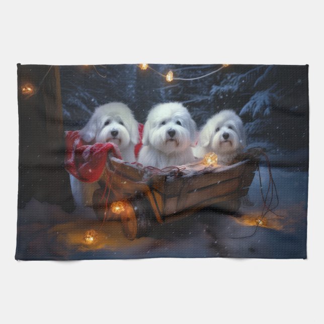 Coton De Tulear Snowy Sleigh Christmas Decor  Tea Towel (Horizontal)