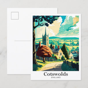 Cotswolds England Art Vintage Travel Illustration Postcard