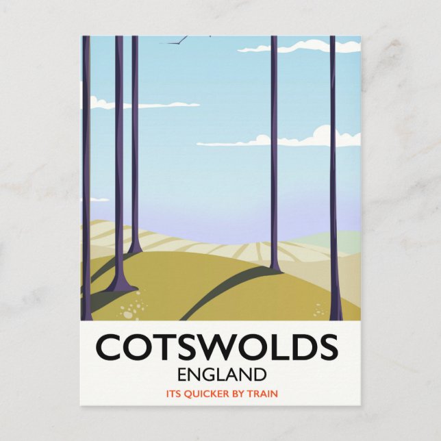 Cotswolds landscape railway travel poster postcard (Front)