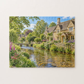 Cotswolds Summer Riverside Stone Cottages Jigsaw Puzzle