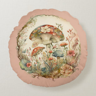 Cottagcore Mushroom Floral Round Pillow