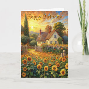 Cottage and Sunflowers Birthday Card